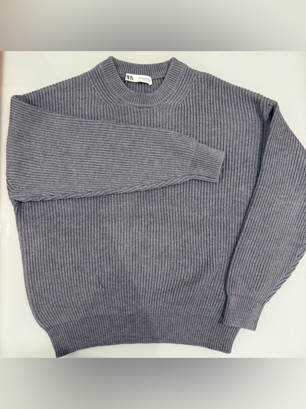 ZARA Ribbed Oversized Crewneck Sweater - Gray Knitted Pullover